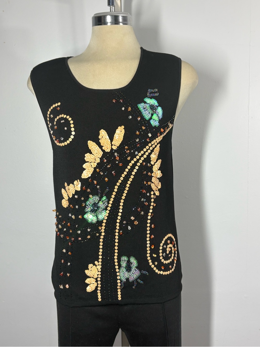 Black Sequin Floral Embellished Tank Top
